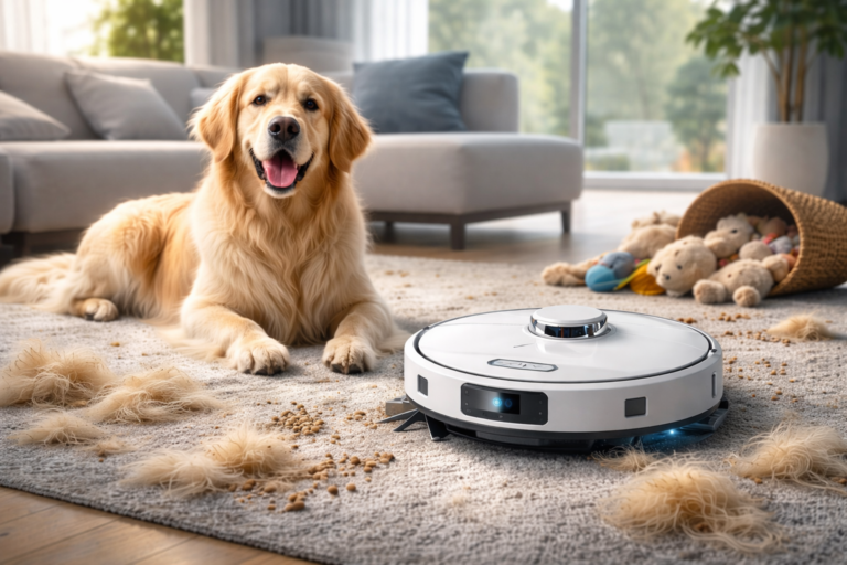 Saugroboter im Tierhaar-Test – Hundhaare auf Teppich